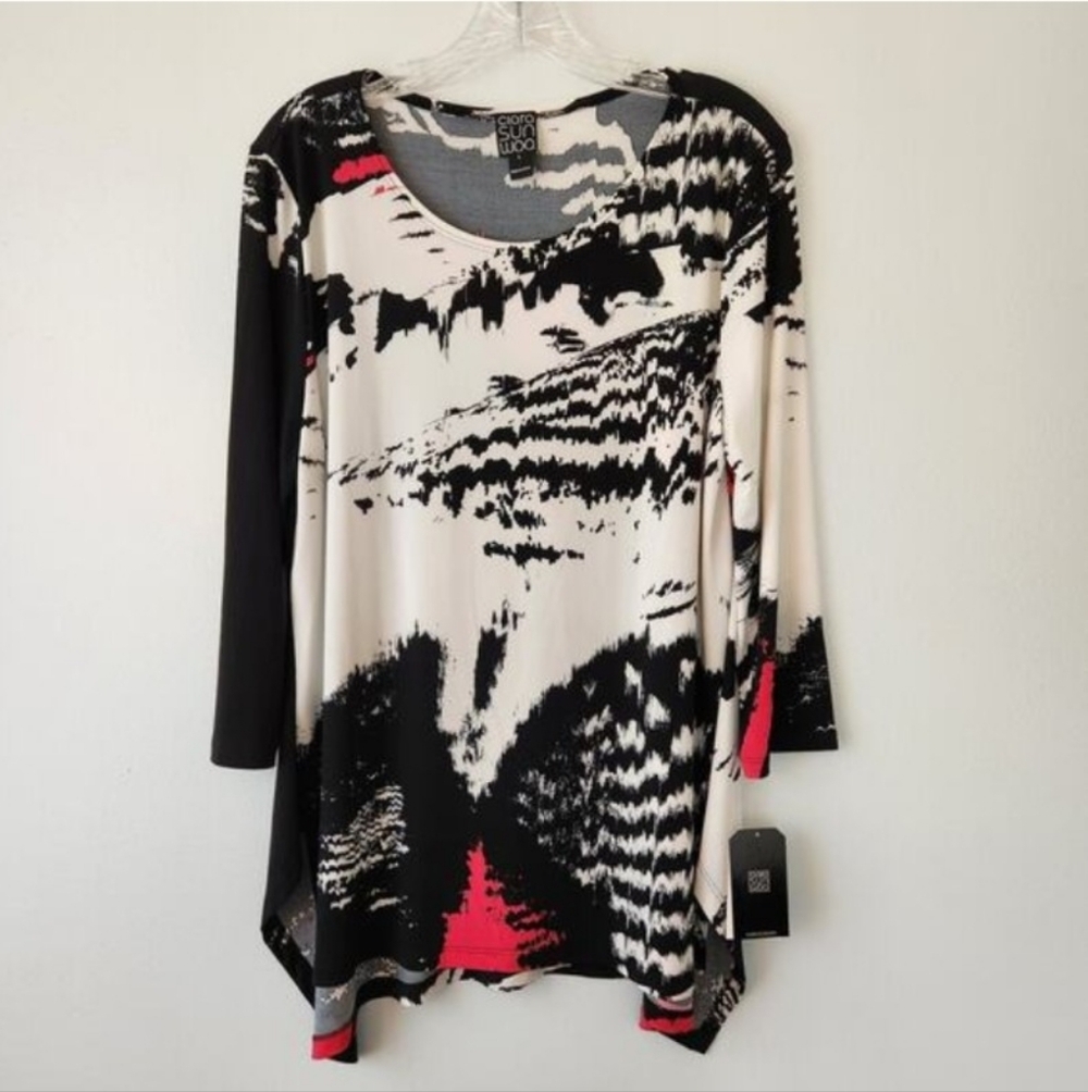 Clara Sun Woo Tunic Women's L Black Abstract  Classic